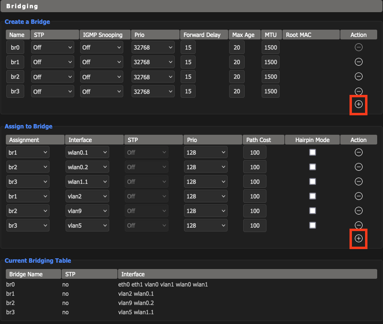 Add Bridges and map to your VLANs